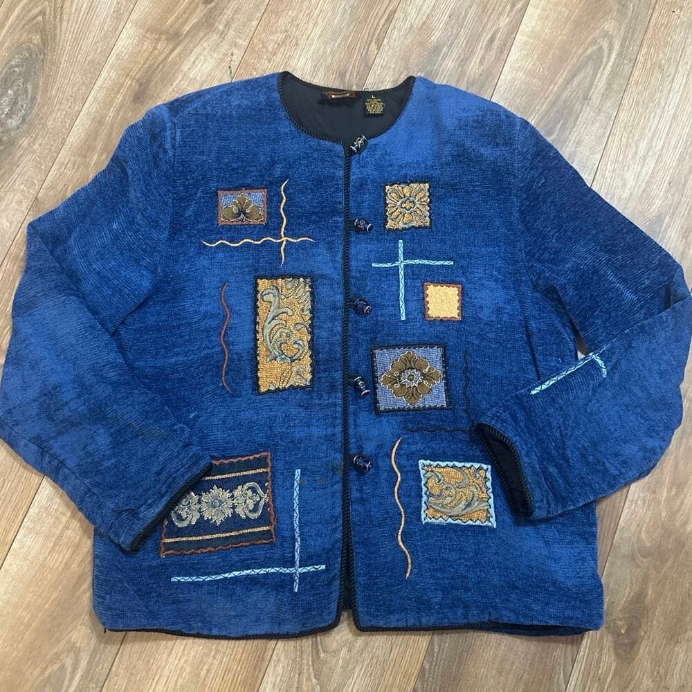 Vintage Allure Boho patchwork art to wear cardigan glass buttons Lg. Dry clean